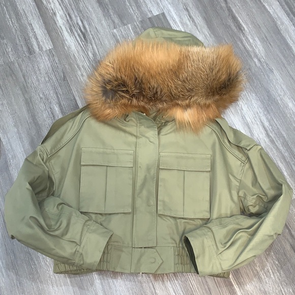 BRAND-NEW 2 in 1 Crop Olive Green JacketREMOVABLE Real Fox Fur Trim Hood LINING
